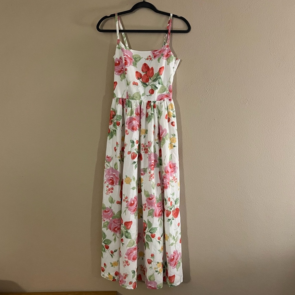Laura Ashley White Floral Midi Dress with Pink and Red Roses